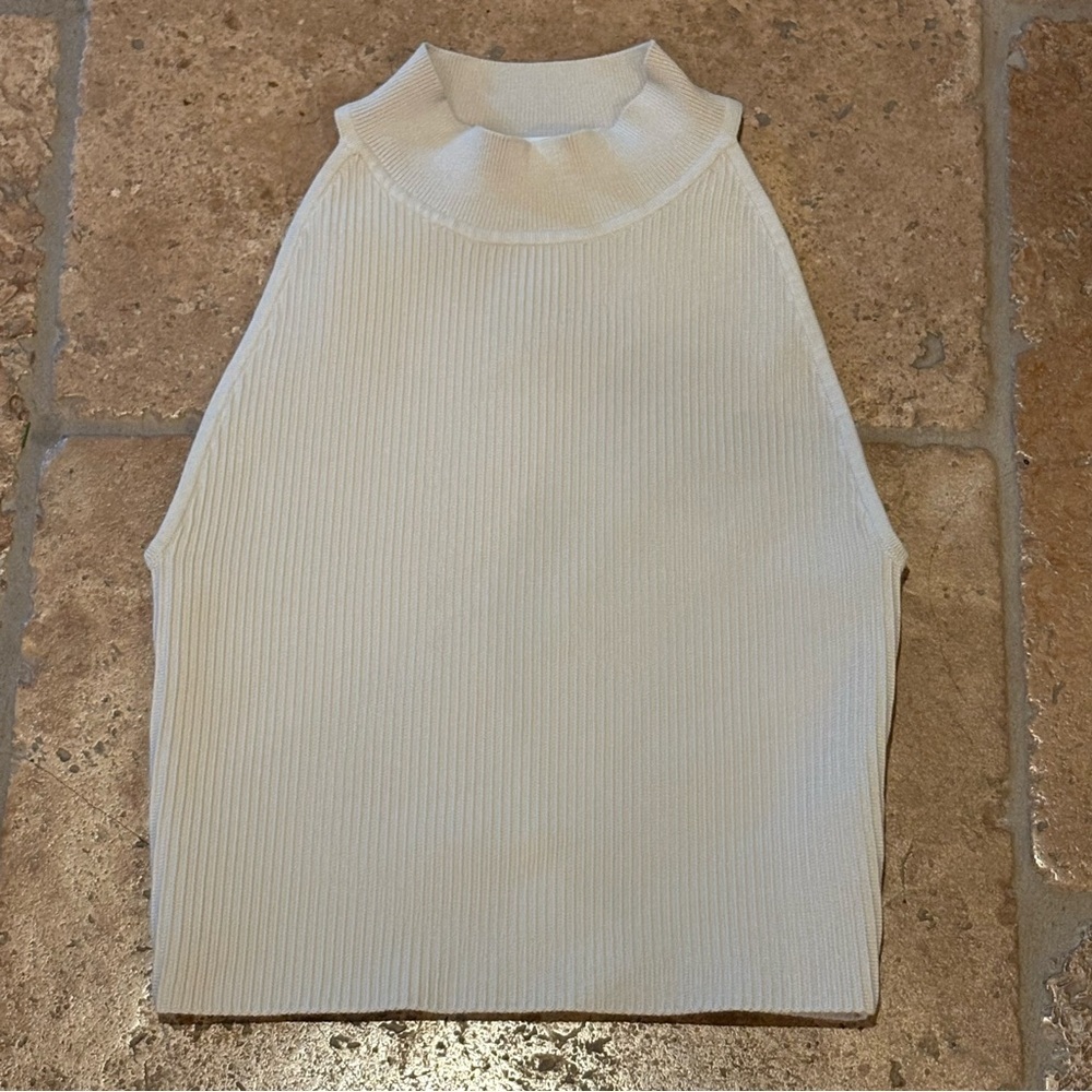 BABATON Women Ivory Ribbed Mock Neck Sleeveless Knit Top Size Small